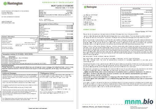 USA Ohio Huntington Bank wyciąg z kredytu hipotecznego w formatach Word i PDF, 3 strony 1-2